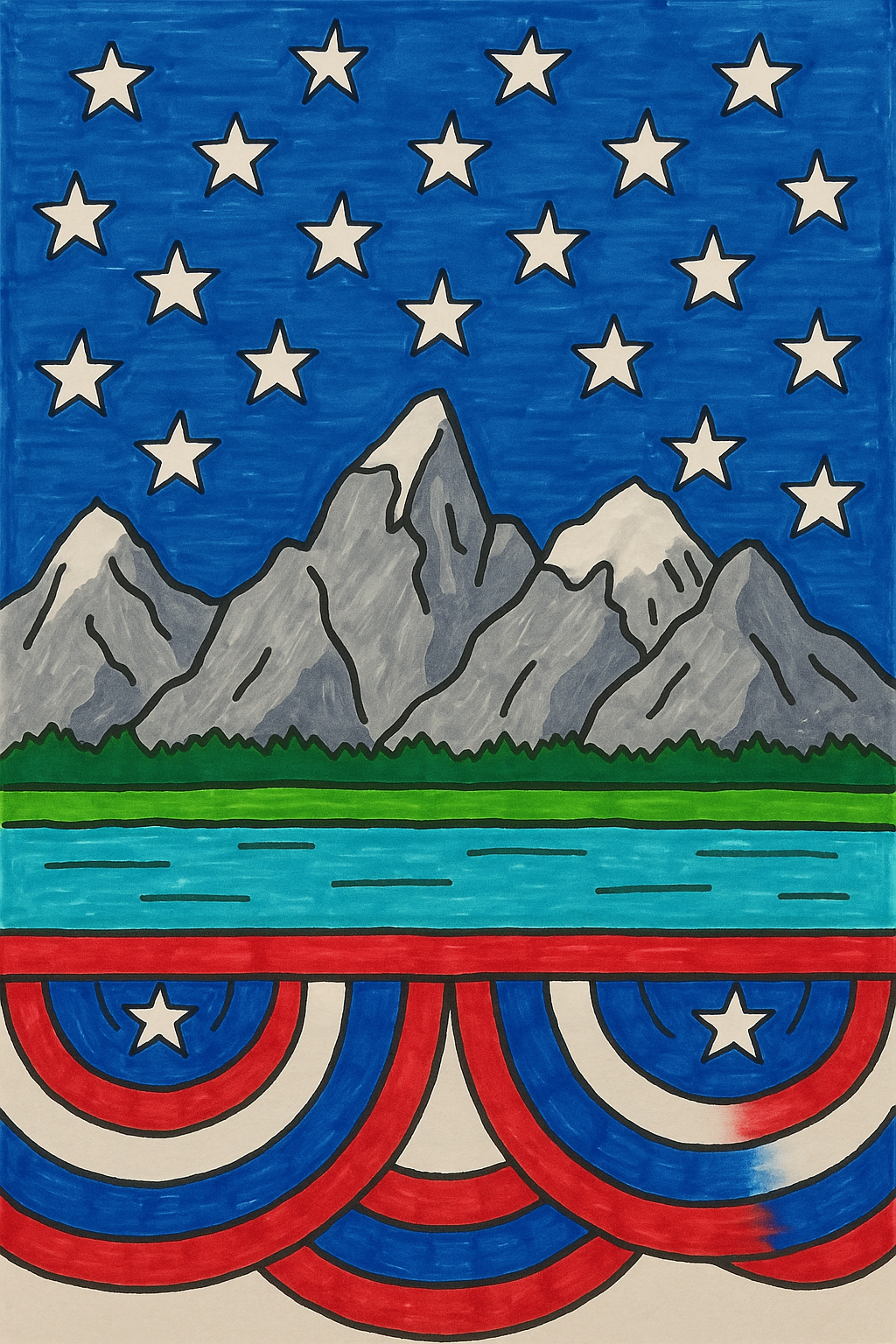 Marker-style illustration of the Grand Tetons with starry sky and patriotic bunting